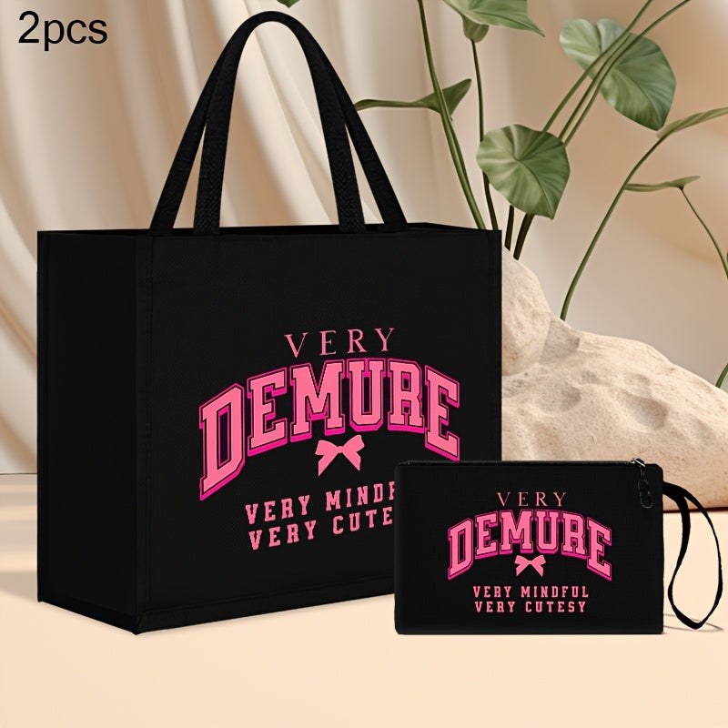 2pcs Chic Black Linen Tote & Makeup Bag Set with "VERY DEMURE" Print - Lightweight, Durable Shopping and Beach Travel Bags with Pink Bow Accent, Hand Washable